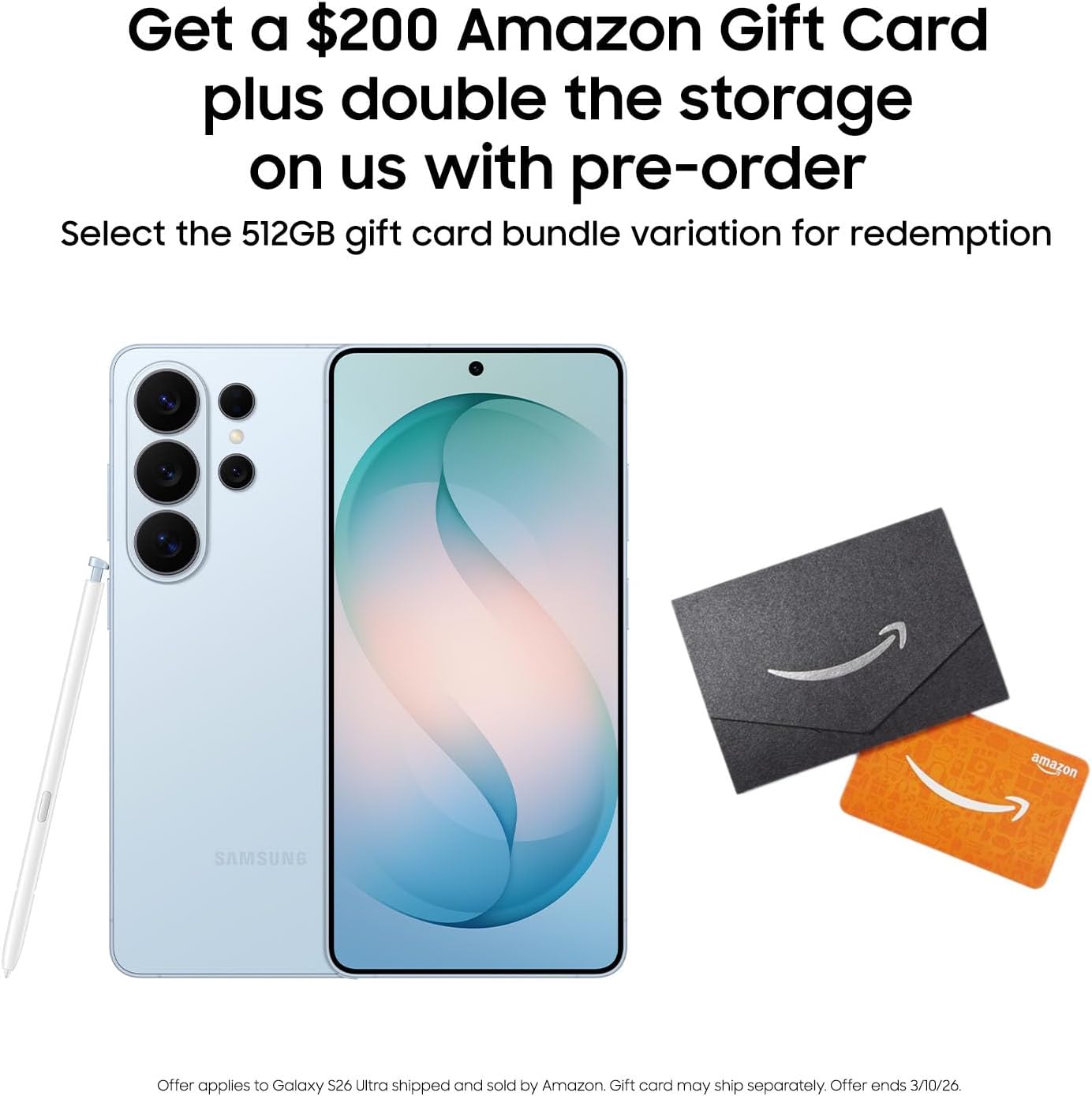 Samsung Galaxy S26 Ultra, Unlocked Android Smartphone + $200 Gift Card, 512GB, Privacy Display, Galaxy AI, AI Camera, Super Fast Charging 3.0, Durable Battery, 2026, Sky Blue