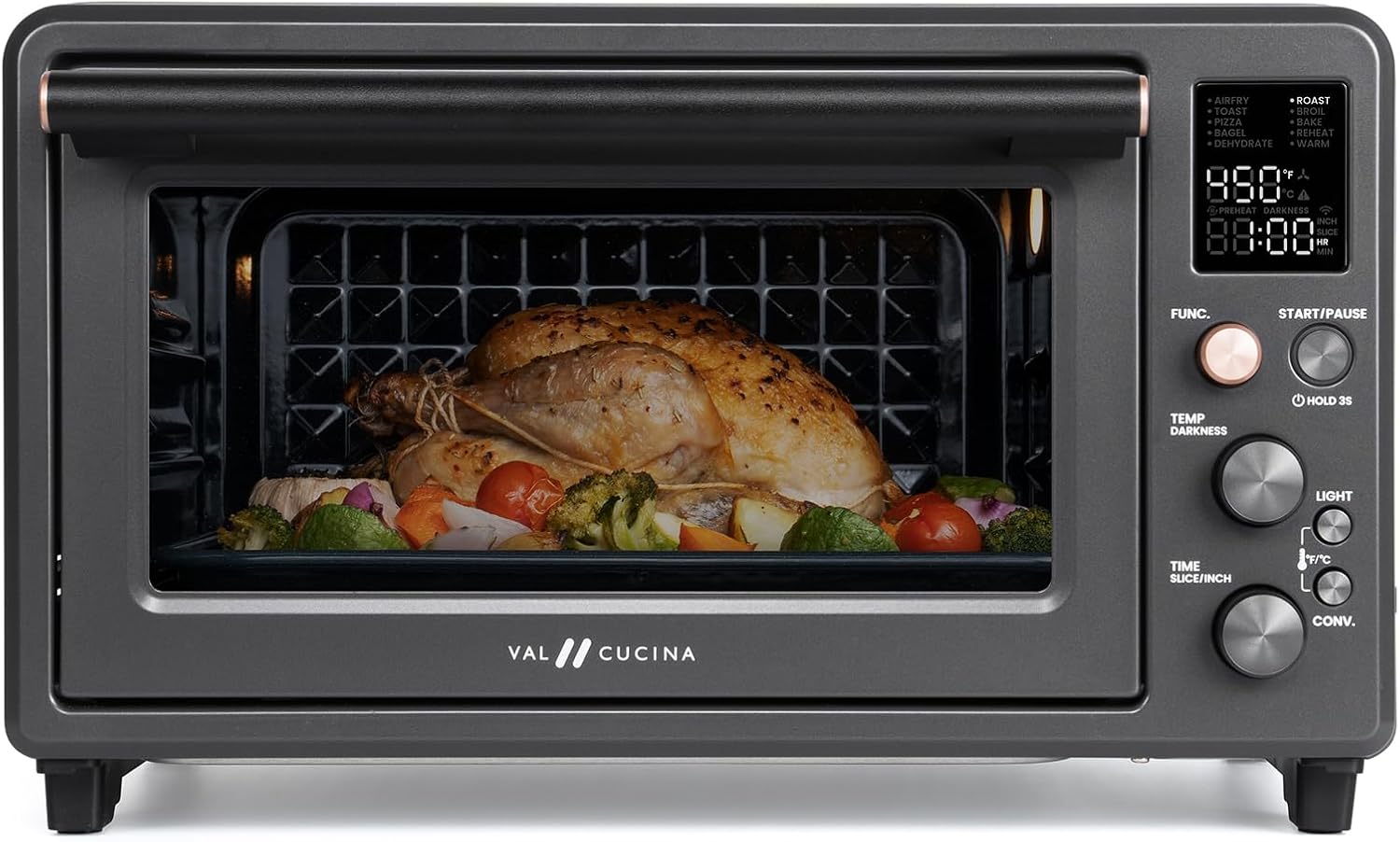 VAL CUCINA 26.3 QT Non-Toxic Enamel Interior Air Fryer Toaster Oven Combo, 10-in-1 Convection Countertop Oven with Infrared Heating, Fits 12" Pizza & 6 Slice Toast, Easy Clean Enamel Baking Pan